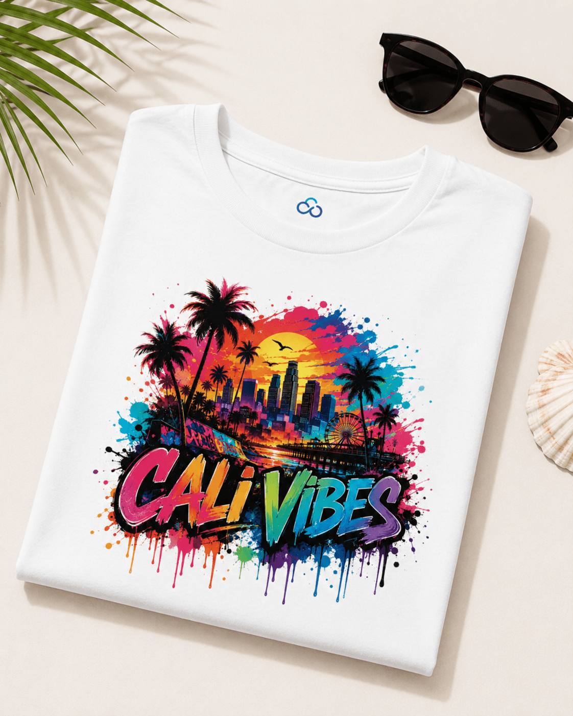 A folded white t-shirt with a colorful 'CALI VIBES' graphic print featuring palm trees, a city skyline, and paint splatters, styled on a light beige background with sunglasses, a palm leaf, and a seashell.