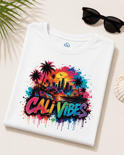 A folded white t-shirt with a colorful 'CALI VIBES' graphic print featuring palm trees, a city skyline, and paint splatters, styled on a light beige background with sunglasses, a palm leaf, and a seashell.