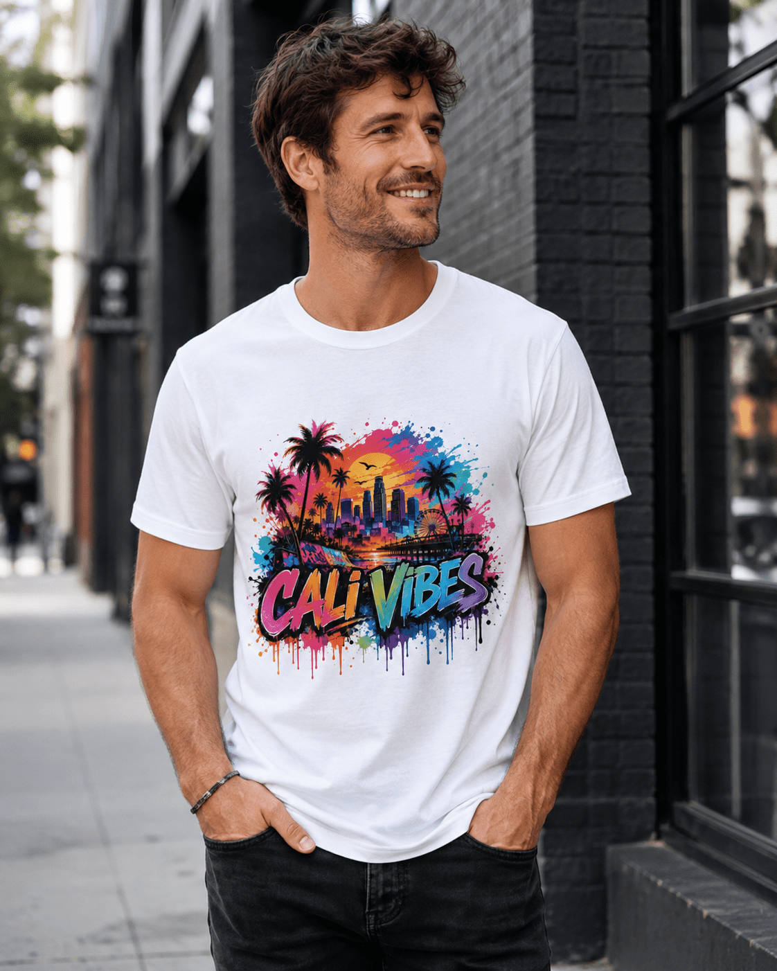 A man wearing a white crewneck t-shirt with a colorful 'Cali Vibes' graphic print featuring palm trees and a city skyline, standing on a city sidewalk.