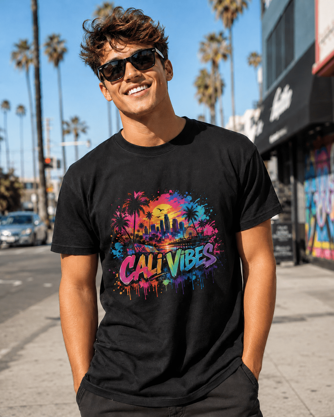 A smiling man wearing black sunglasses and a black graphic t-shirt stands on a sunny city sidewalk with palm trees and storefronts in the background. The t-shirt features a colorful 'Cali Vibes' graphic with a sunset, palm trees, and a city skyline.