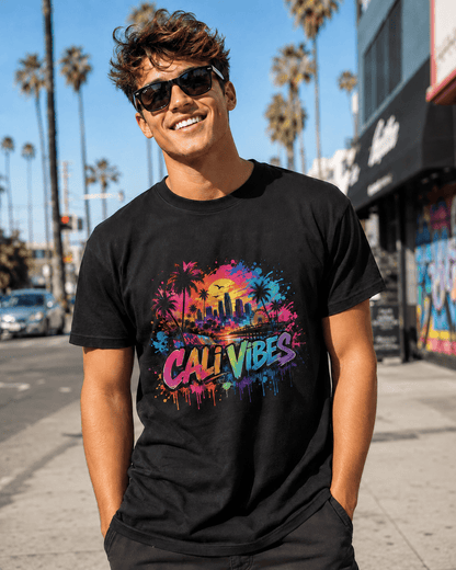 A smiling man wearing black sunglasses and a black graphic t-shirt stands on a sunny city sidewalk with palm trees and storefronts in the background. The t-shirt features a colorful 'Cali Vibes' graphic with a sunset, palm trees, and a city skyline.