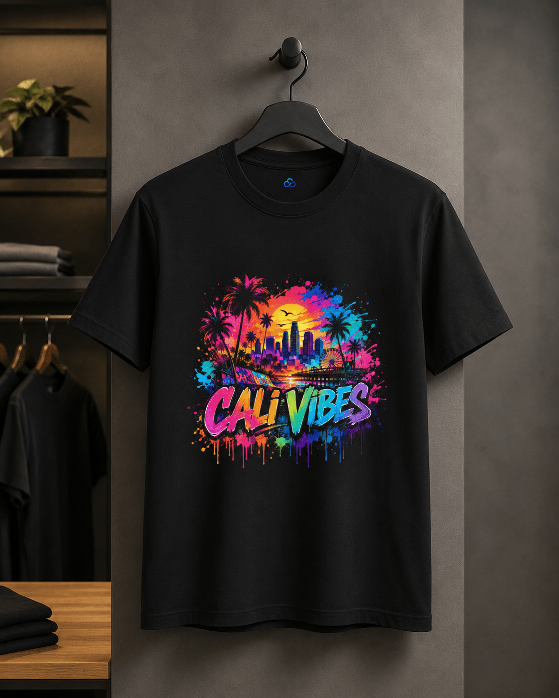 A black short-sleeve t-shirt hanging on a black hanger against a dark gray wall, featuring a colorful neon-style graphic of a sunset over a palm tree-lined city skyline with the text 'CALI VIBES' in bright gradient lettering.