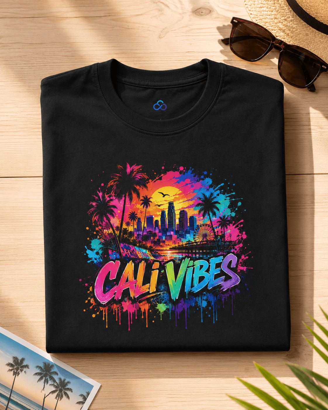 A folded black t-shirt with a colorful 'CALI VIBES' graphic print, displayed on a light wood background with sunglasses, a straw hat, and a beach photo card.