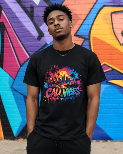 A man wearing a black t-shirt with a colorful 'CALI VIBES' graphic print, standing in front of a vibrant graffiti wall.