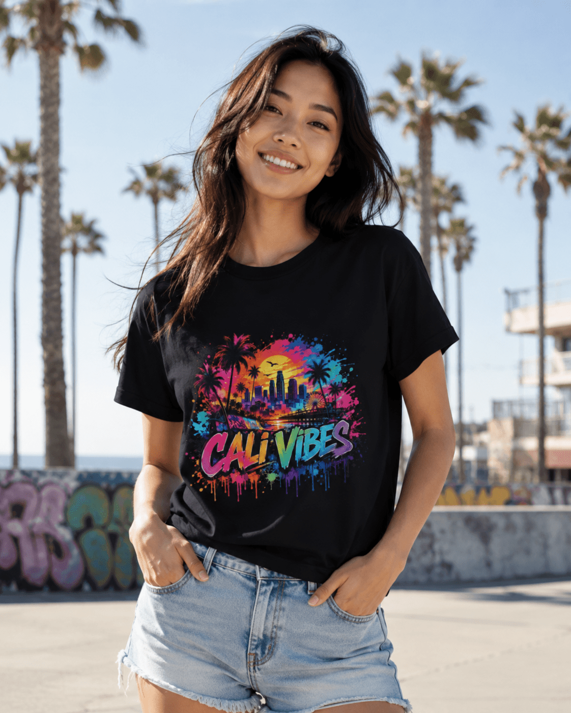 Woman wearing a black t-shirt with 'Cali Vibes' design in a beach setting