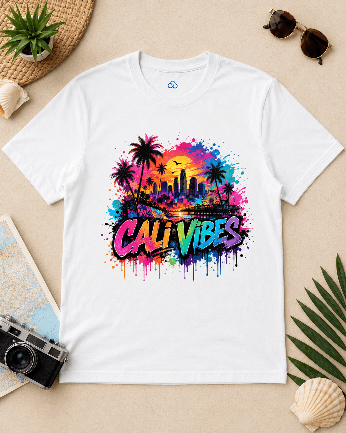 A white short-sleeve t-shirt laid flat on a beige surface, featuring a colorful 'CALI VIBES' graphic with palm trees, a city skyline, and paint splatter. The shirt is styled with beach and travel props including sunglasses, a camera, a map, a seashell, a woven hat, and a plant.