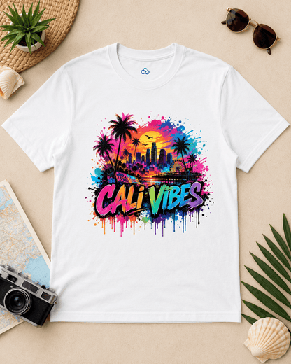 A white short-sleeve t-shirt laid flat on a beige surface, featuring a colorful 'CALI VIBES' graphic with palm trees, a city skyline, and paint splatter. The shirt is styled with beach and travel props including sunglasses, a camera, a map, a seashell, a woven hat, and a plant.