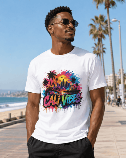 A man wearing a white graphic t-shirt with a colorful 'CALI VIBES' print stands on a sunny beach boardwalk with palm trees and the ocean in the background.