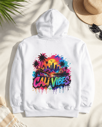 White hoodie with large back “Cali Vibes” splash artwork and hood