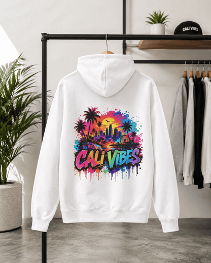White hoodie with front pocket and multicolor “Cali Vibes” logo graphic