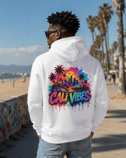 White hoodie from the back with “Cali Vibes” city palm splash artwork