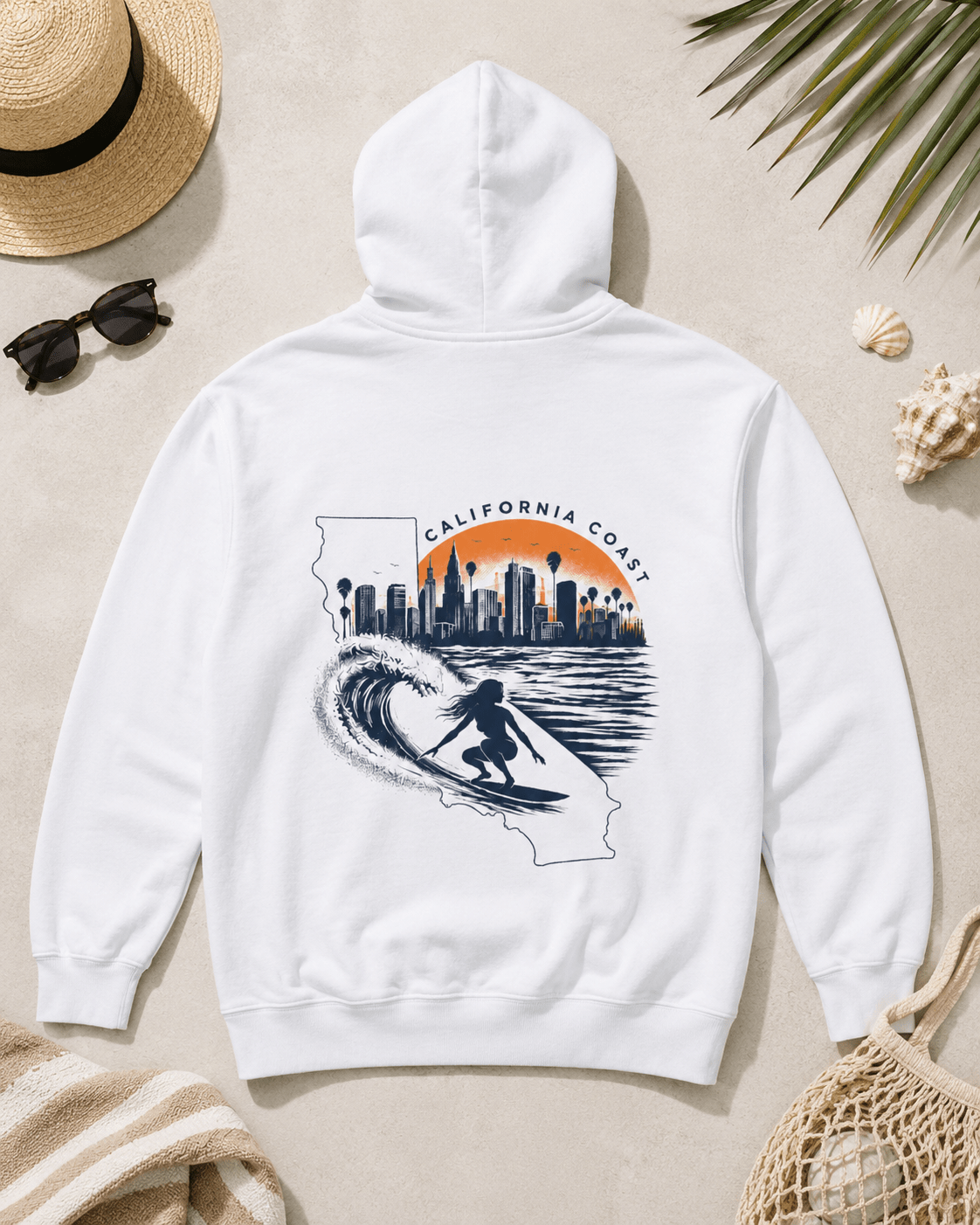 White hoodie with hood and kangaroo pocket; back California coast surf city graphic