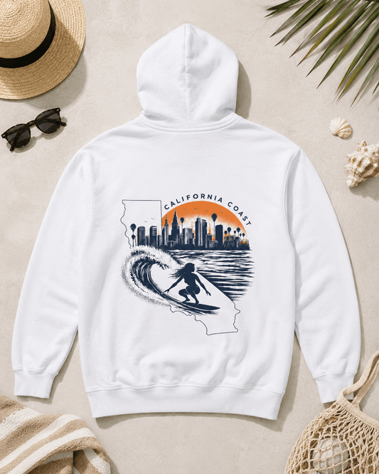 White hoodie with hood and kangaroo pocket; back California coast surf city graphic