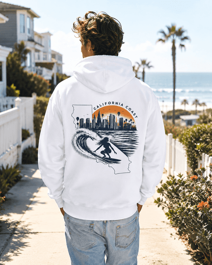 White hoodie worn from behind; California coast surf and city skyline graphic
