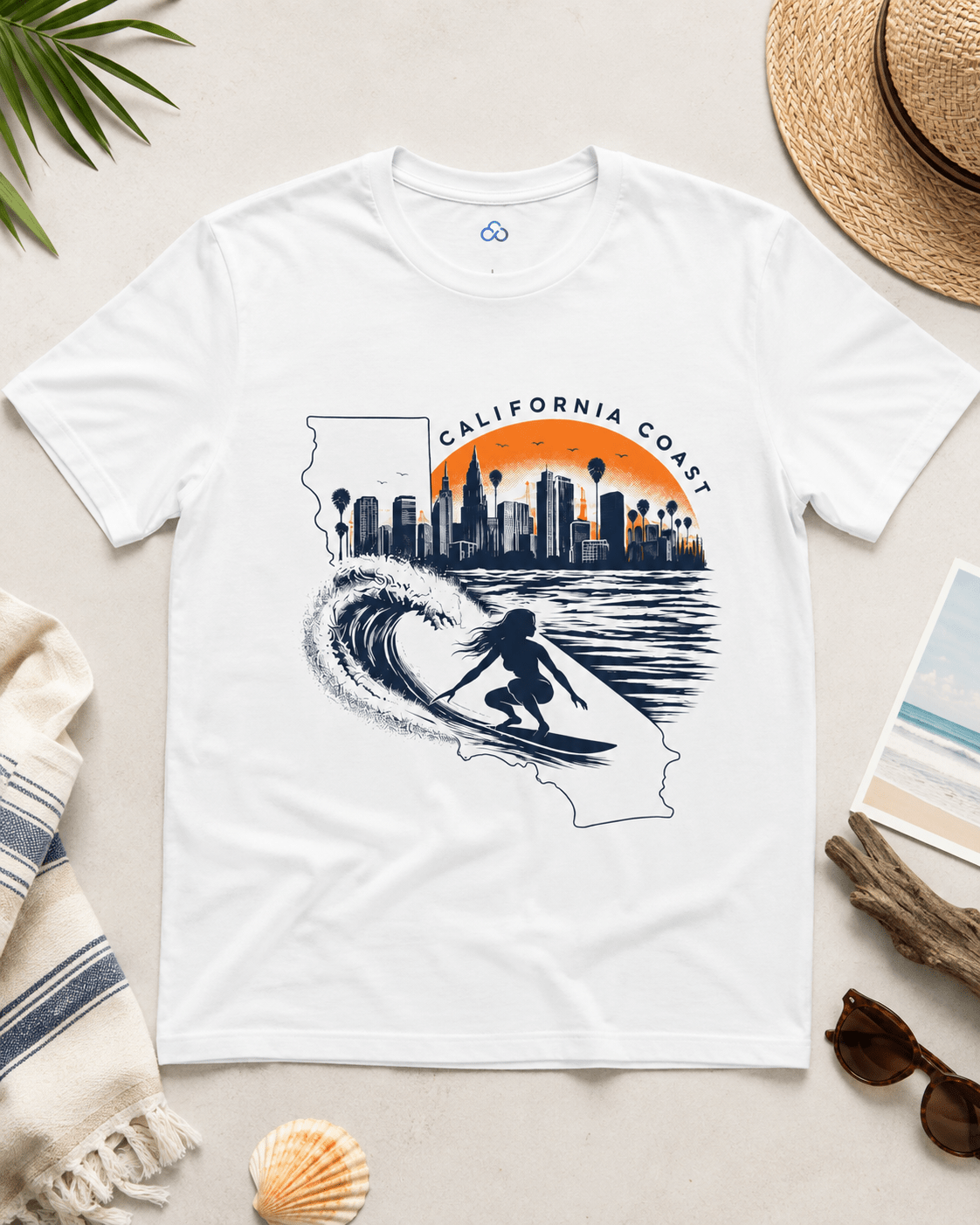 White California coast graphic T-shirt with city skyline, wave, and surf silhouette art