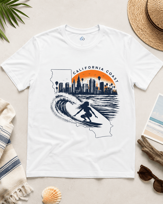 White California coast graphic T-shirt with city skyline, wave, and surf silhouette art