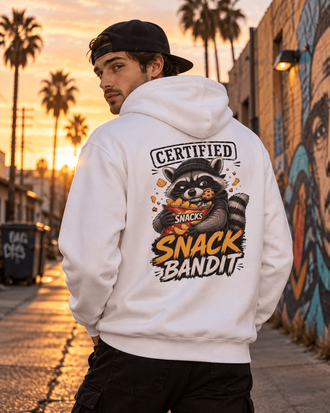 Man turned around on an alley street at sunset wearing a white hoodie with a backward cap, featuring a back print of a masked raccoon eating snacks with text reading 'Certified Snack Bandit'.