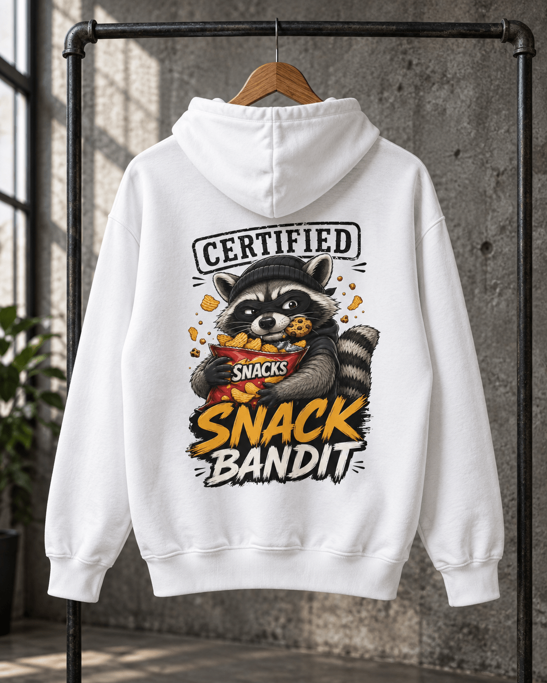 Back view of a white pullover hoodie hanging on a wooden hanger against a concrete wall, featuring a back print of a masked raccoon holding a snack bag with text reading 'Certified Snack Bandit'.
