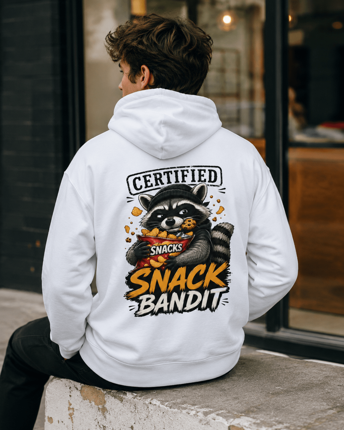 Man seated outdoors turned away from the camera wearing a white hoodie, showcasing a back graphic of a raccoon eating chips and a cookie with text reading 'Certified Snack Bandit'.