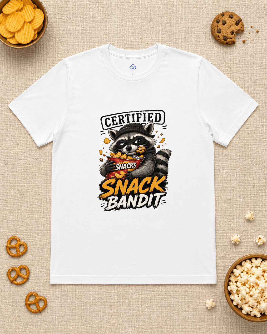 White crew-neck T-shirt with raccoon 'Snack Bandit' front graphic print