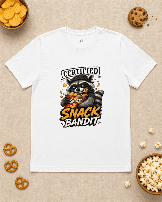 White crew-neck T-shirt with raccoon 'Snack Bandit' front graphic print