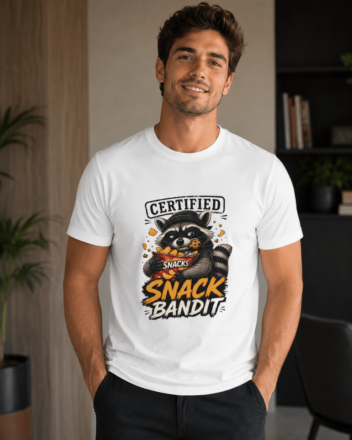 White crew-neck T-shirt worn by model, raccoon 'Snack Bandit' front graphic