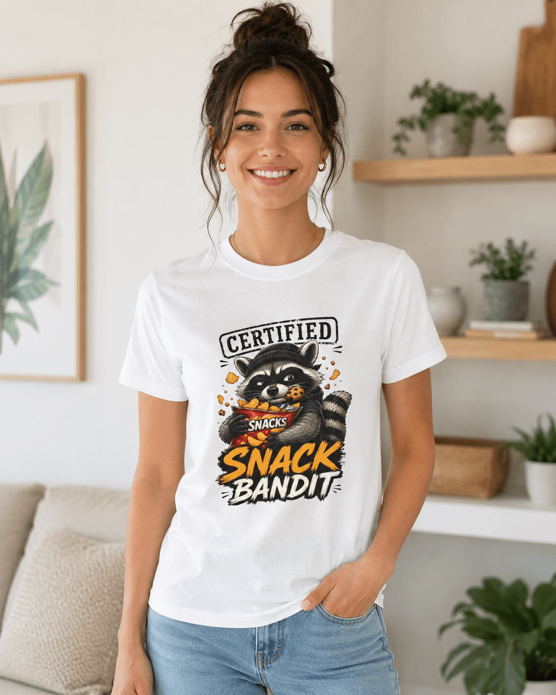 White crew-neck T-shirt on smiling woman, raccoon 'Snack Bandit' front graphic