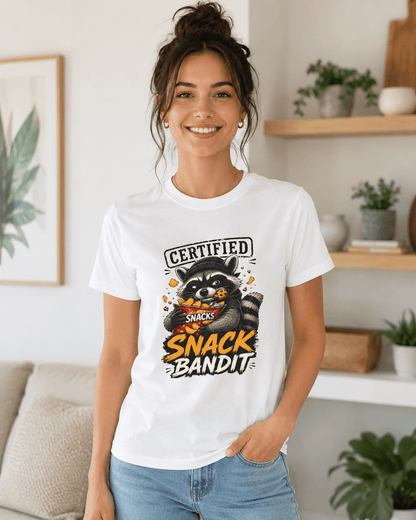White crew-neck T-shirt on smiling woman, raccoon 'Snack Bandit' front graphic