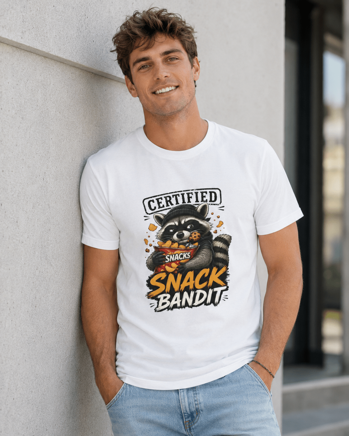 White crew-neck T-shirt worn by model, raccoon 'Snack Bandit' front graphic