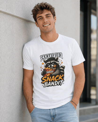 White crew-neck T-shirt worn by model, raccoon 'Snack Bandit' front graphic