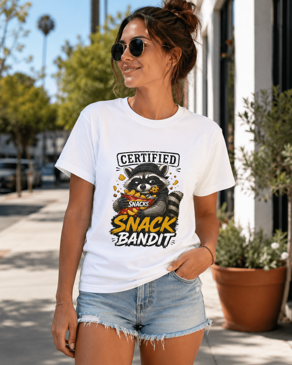 White crew-neck T-shirt on woman, raccoon 'Snack Bandit' front graphic