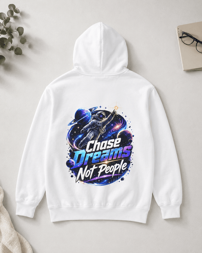 White pullover hoodie with astronaut graphic and colorful text print on back