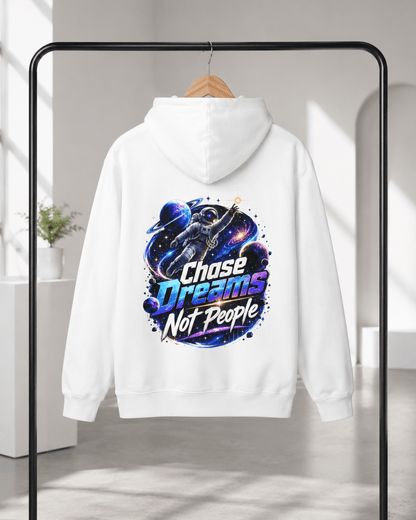 White hoodie hanging, back astronaut graphic and colorful text print