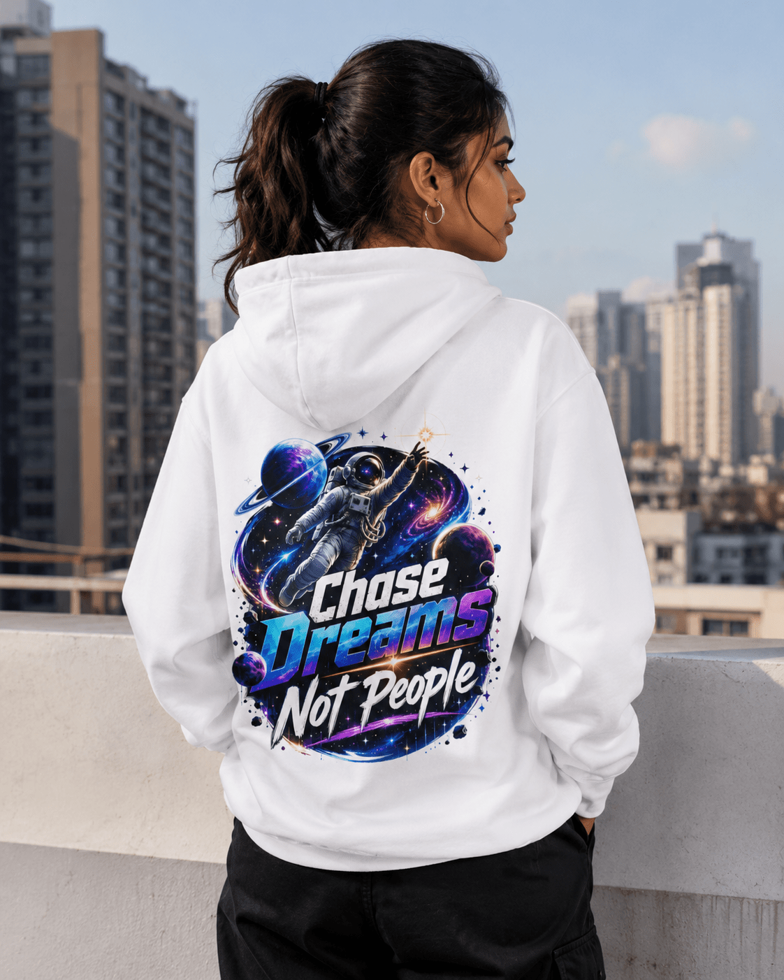 White pullover hoodie with back astronaut graphic and colorful text print
