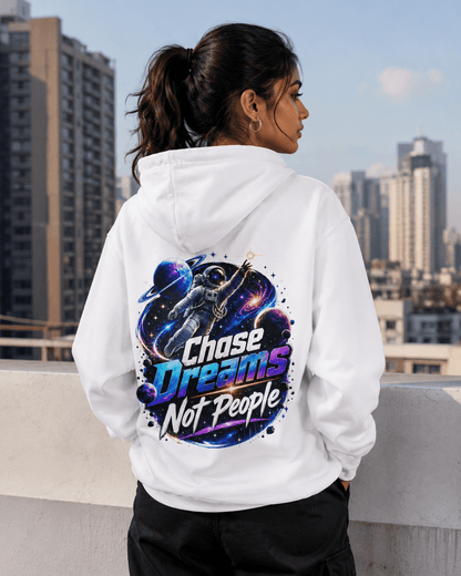 White pullover hoodie with back astronaut graphic and colorful text print