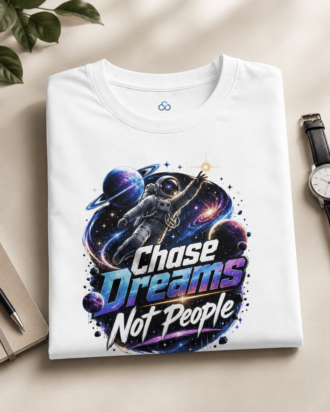 White graphic T-shirt folded flat, astronaut “Chase Dreams Not People” print centered on chest.
