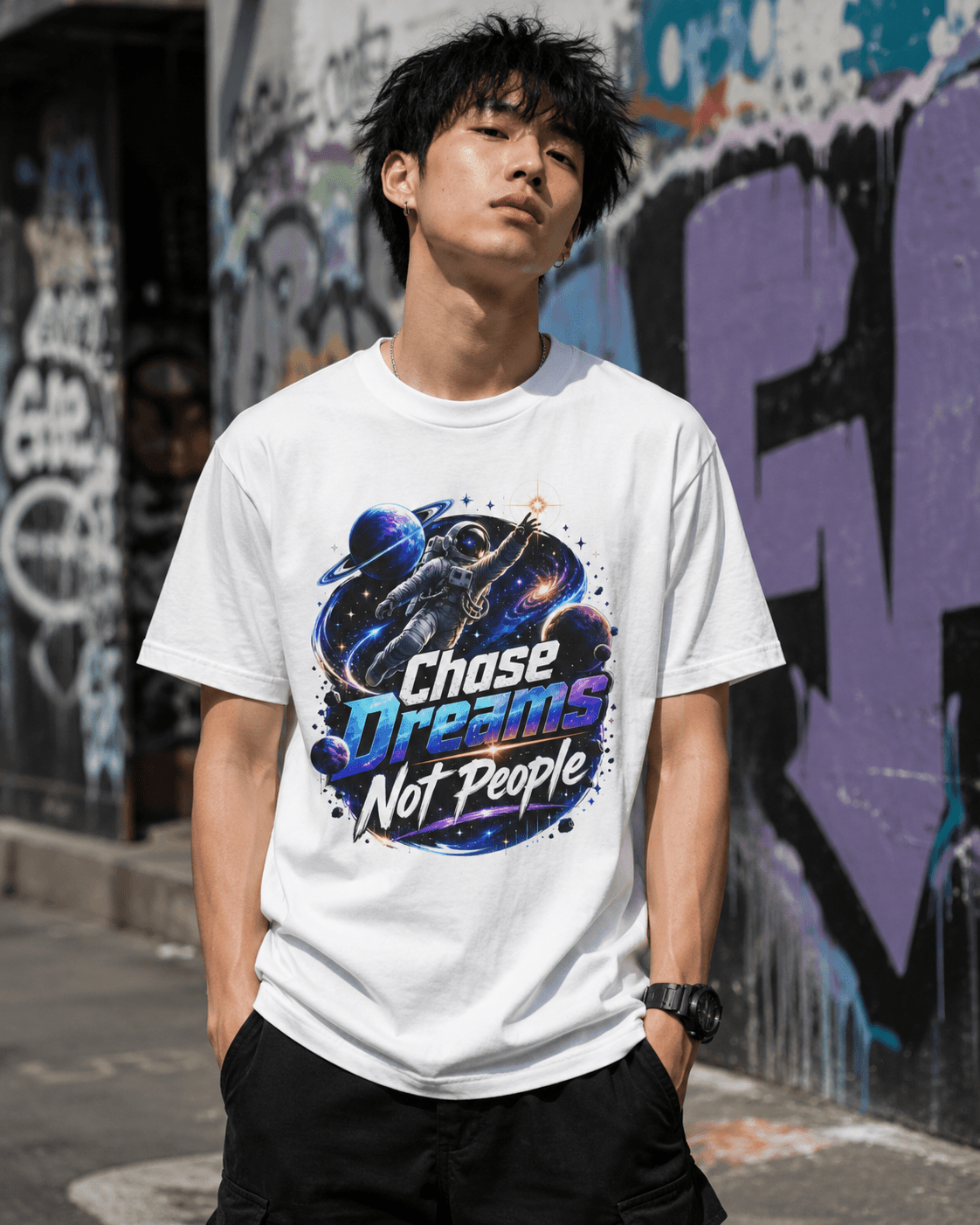 White crewneck graphic T-shirt on person, centered astronaut “Chase Dreams Not People” front print.