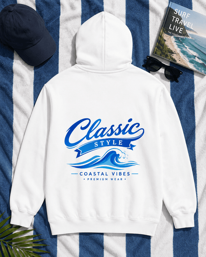 White hoodie with hood and kangaroo pocket, blue graphic print on back