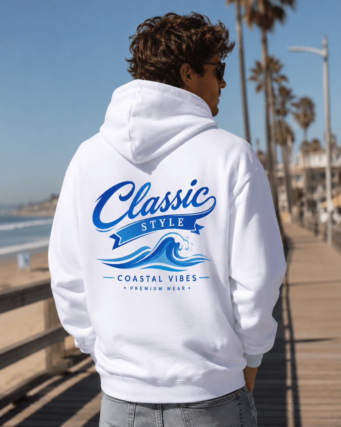 White hoodie worn from behind, blue graphic print visible on back