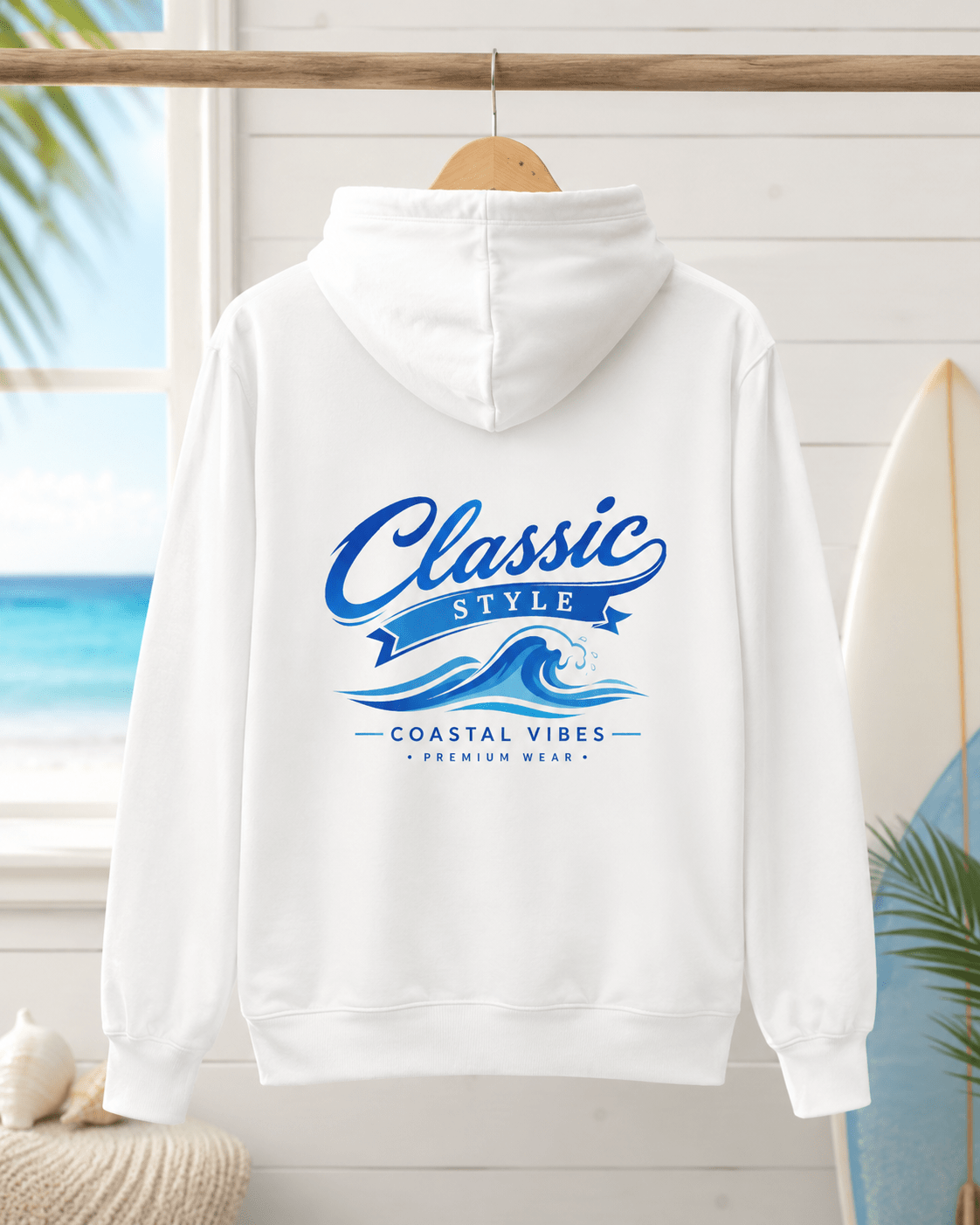 White hoodie on hanger, hood up, blue graphic print on back
