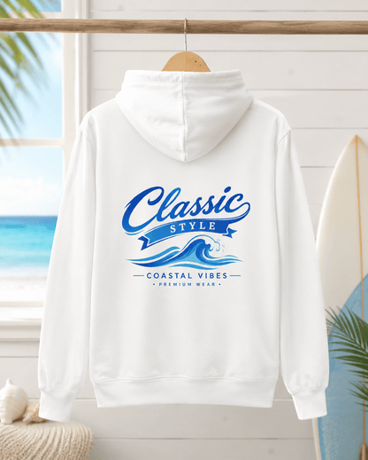 White hoodie on hanger, hood up, blue graphic print on back