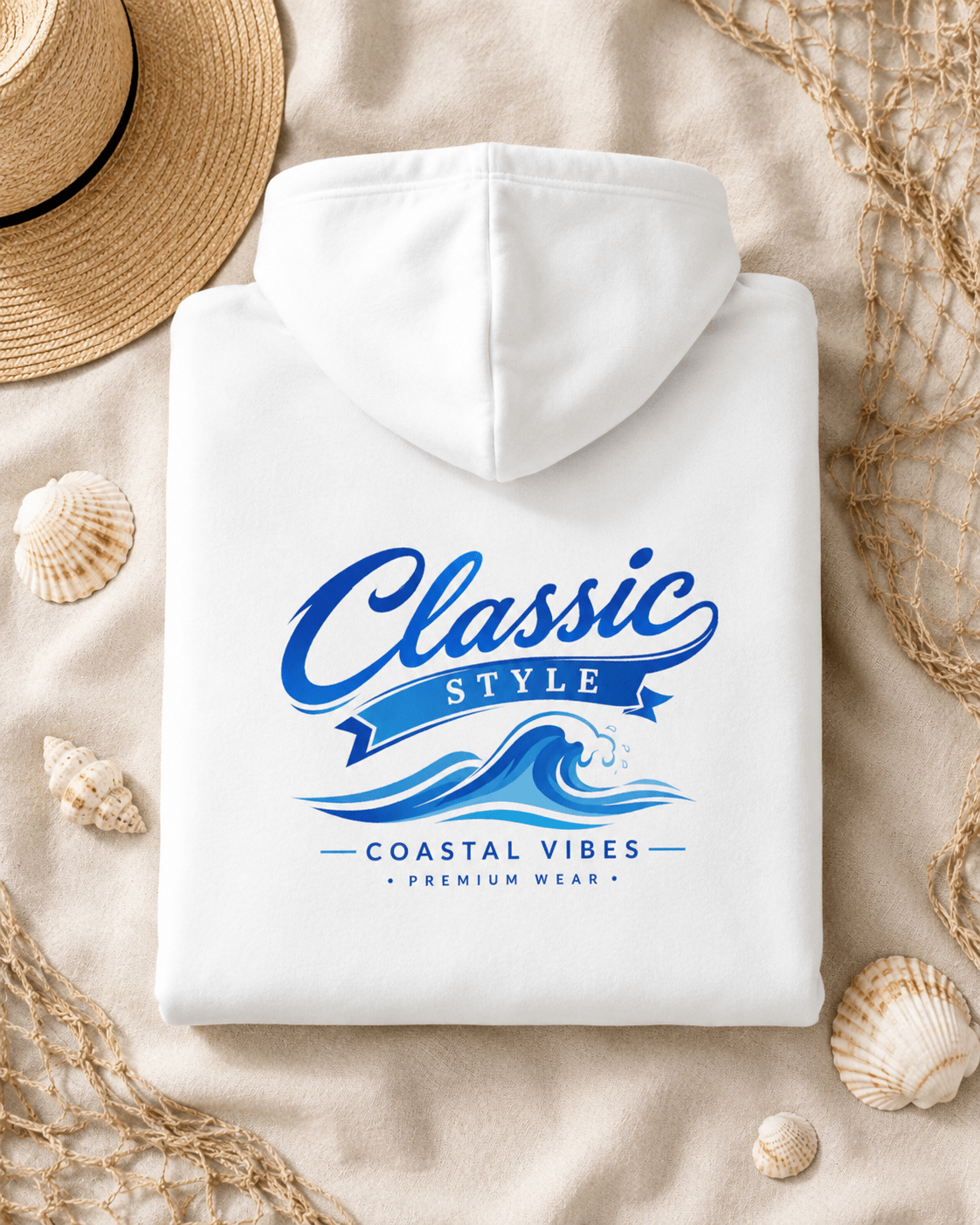 White hoodie folded flat with hood and kangaroo pocket, blue graphic print