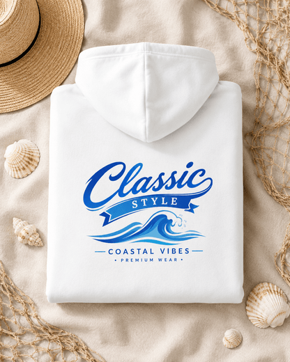 White hoodie folded flat with hood and kangaroo pocket, blue graphic print