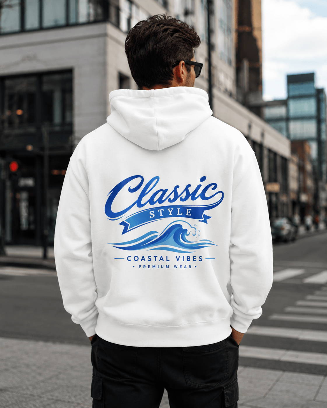 White hoodie worn from behind, blue graphic print centered on back