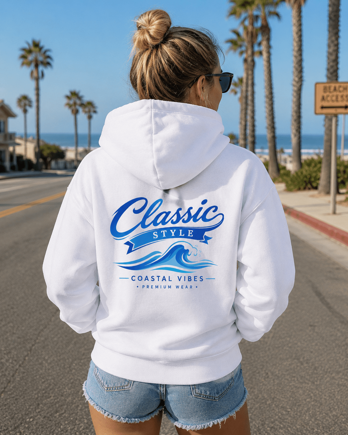 White hoodie worn from behind with blue graphic print on back