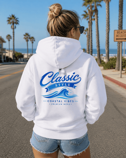 White hoodie worn from behind with blue graphic print on back