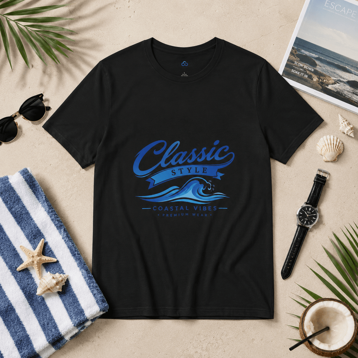 Black crew-neck T-shirt with blue “Classic Style” coastal vibes logo print