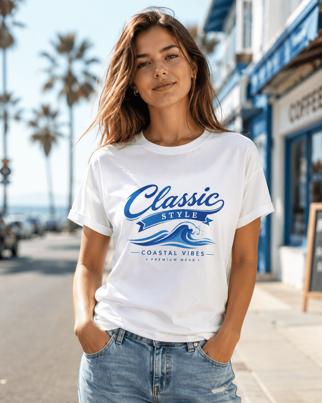 Woman wearing a white short-sleeve T-shirt with blue “Classic Style” coastal graphic.
