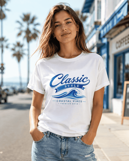 Woman wearing a white short-sleeve T-shirt with blue “Classic Style” coastal graphic.