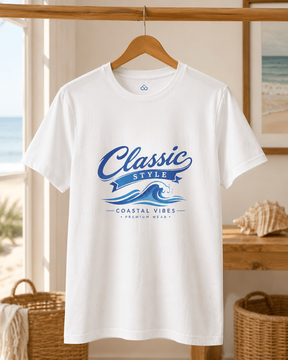 White short-sleeve T-shirt on a hanger with blue “Classic Style” coastal graphic.